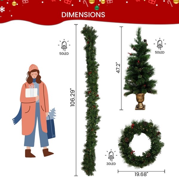 PreLit Holiday Christmas 4Piece Set with LED Lights，Christmas Garlands，Wreath and Set of 2 Entrance Trees