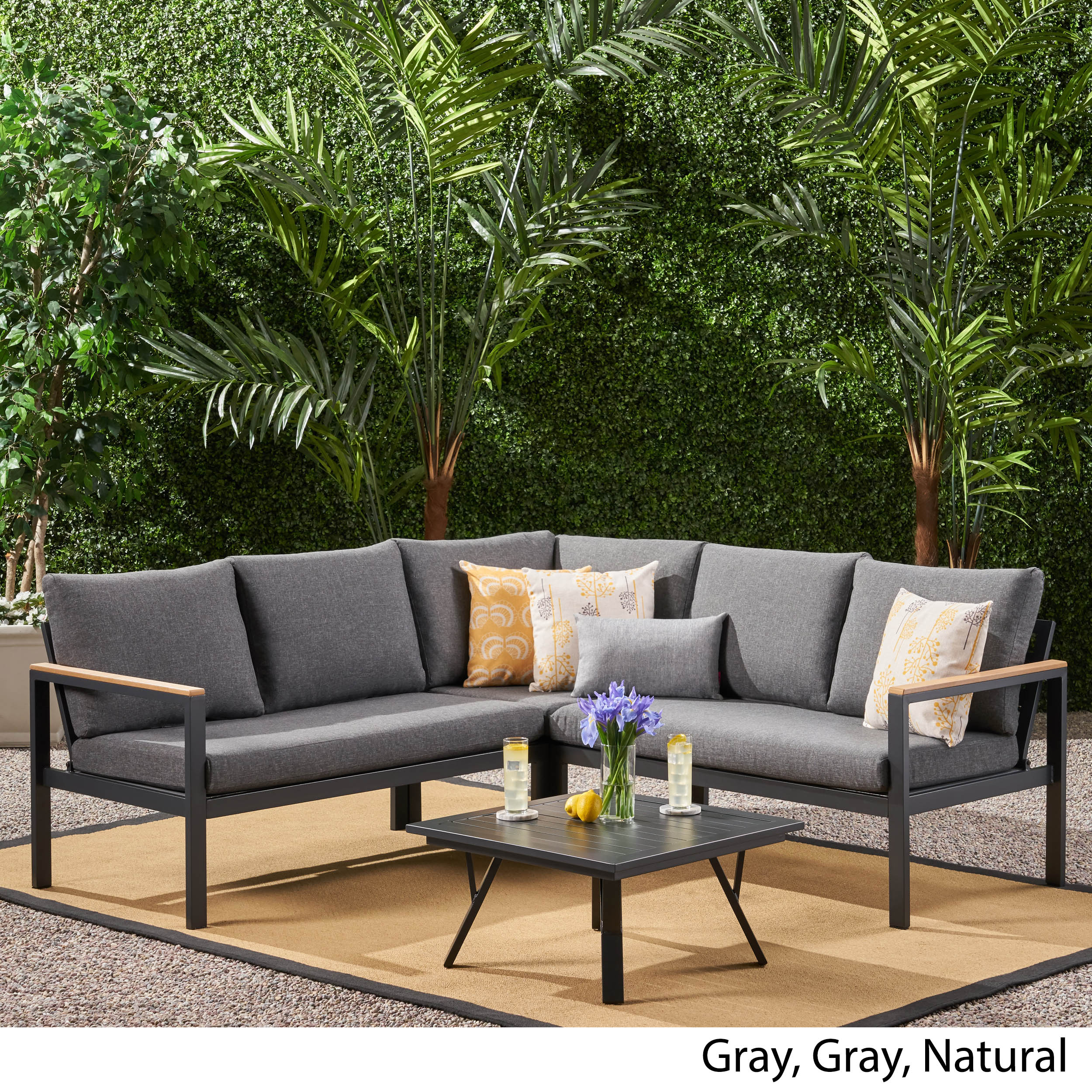 Jessica Outdoor Aluminum V-Shaped Sofa Set with Faux Wood Accents, Gray Finish and Gray