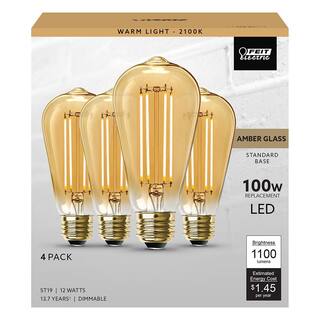 Feit Electric 100-Watt Equivalent ST19 Dimmable Straight Filament Amber Glass Vintage Edison LED Light Bulb Warm White (4-Pack) ST19100LED4