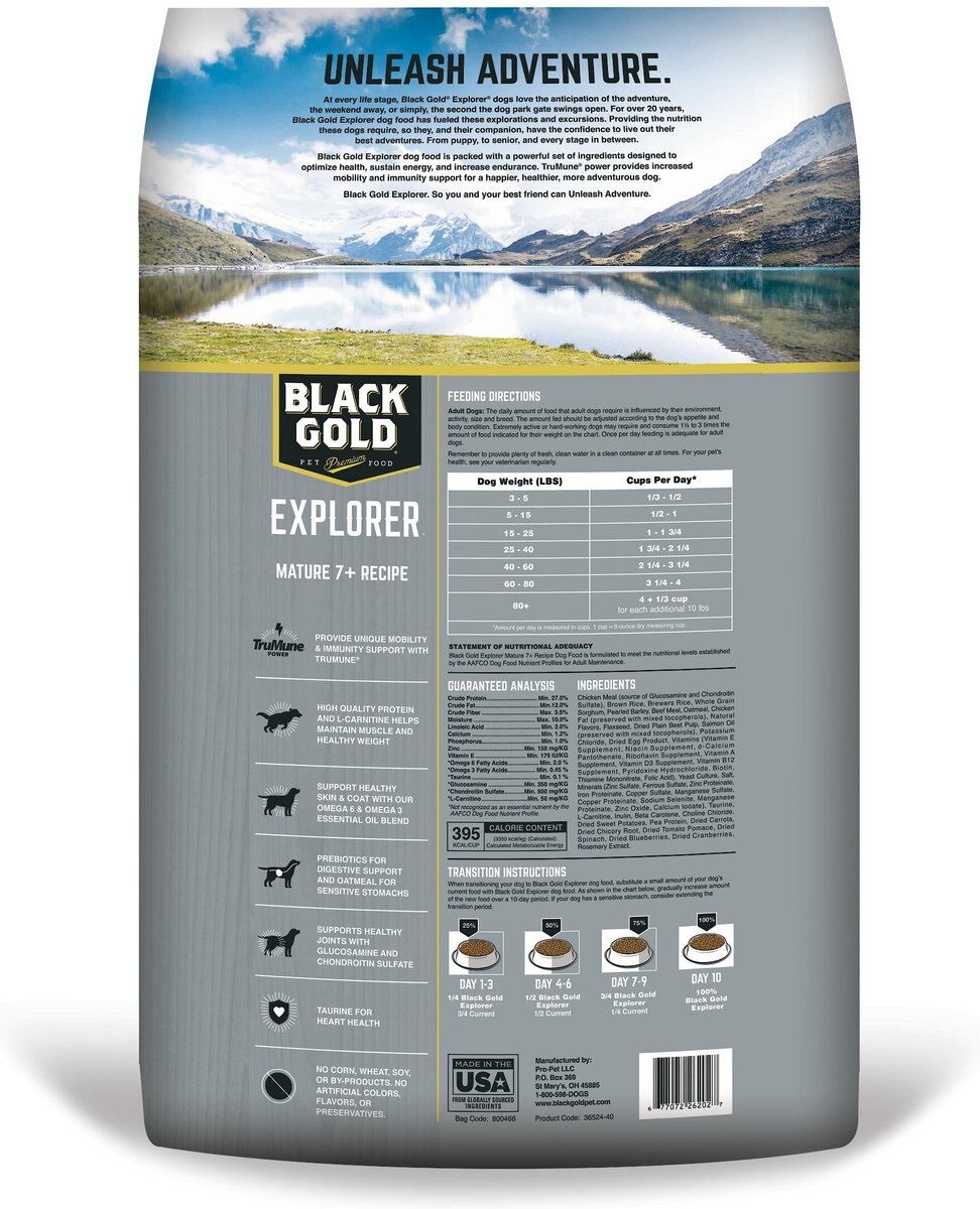 Black Gold Explorer Mature 7+ Formula Dry Dog Food， 40-lb bag