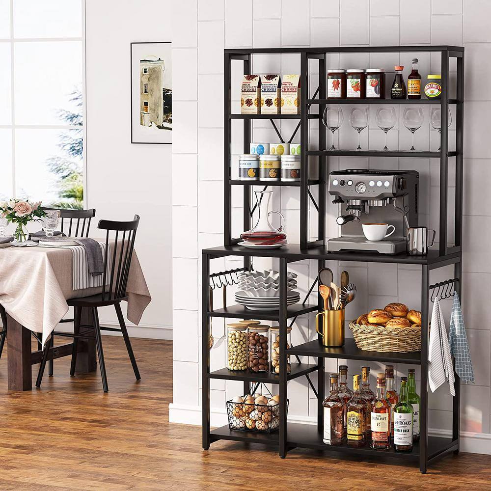 TRIBESIGNS WAY TO ORIGIN Bachel Black Kitchen Baker's Rack with Hutch and 10-S-Shaped Hooks HD-ZYJW0187