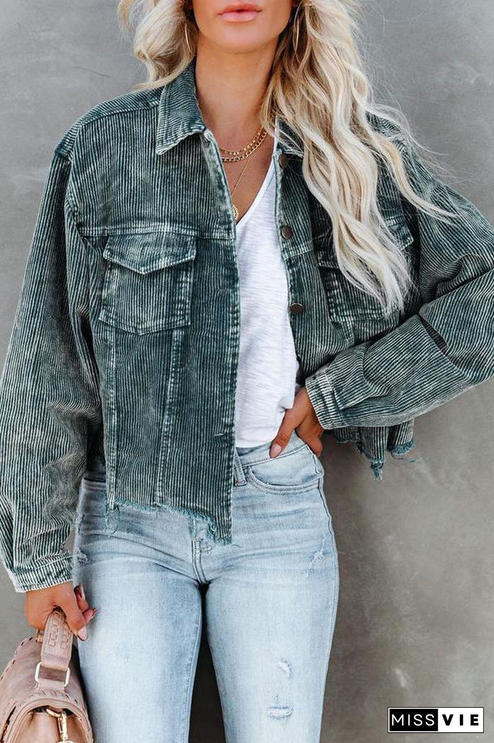 Frayed Hem Cropped Corduroy Jacket