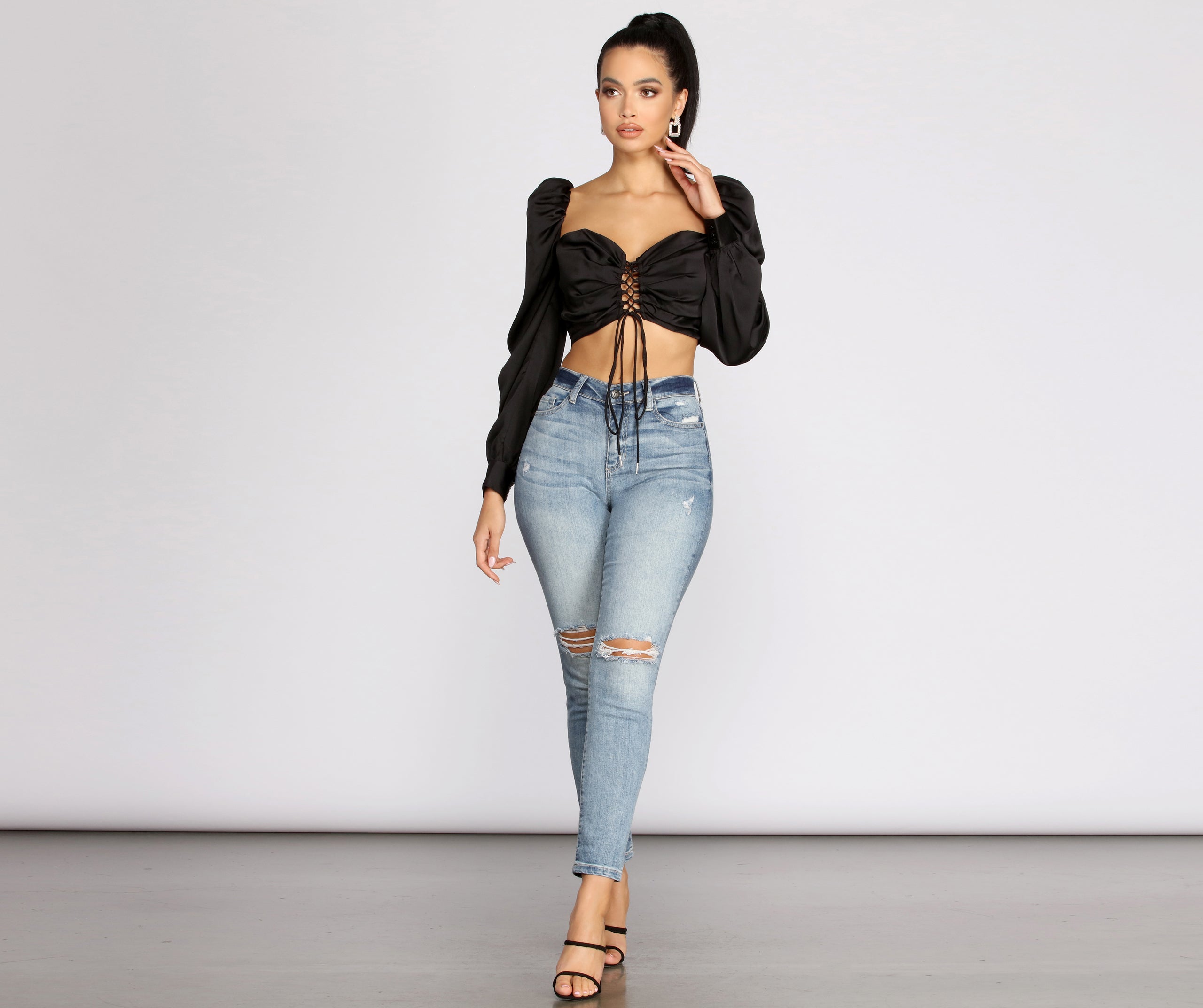 Lace Up Peasant Cropped Blouse