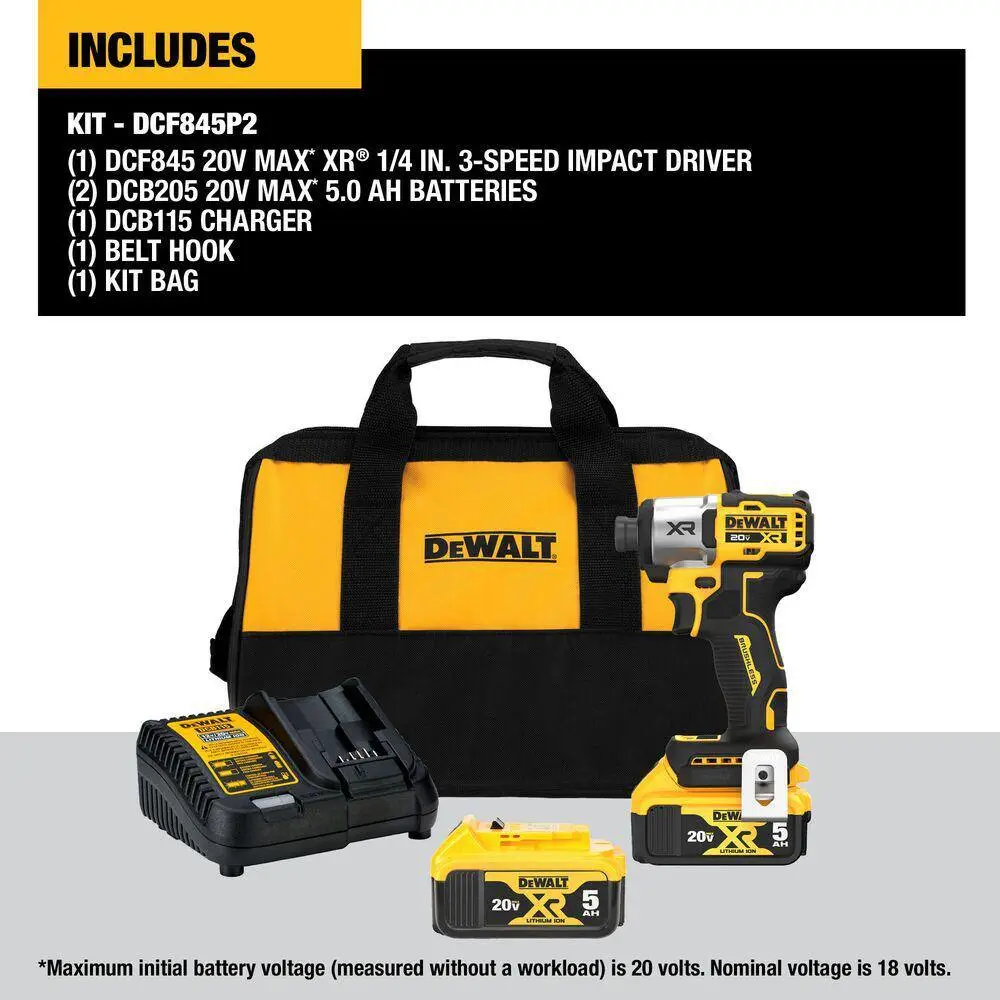 DEWALT 20-Volt MAX XR Lithium-Ion Cordless Brushless 14 in. 3-Speed Impact Driver Kit with (2) 5.0 Ah Batteries Charger  Bag DCF845P2