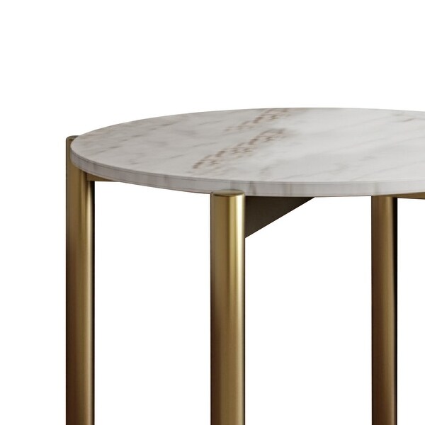 Cid Arlo 22 Inch Modern End Table， Marble Top， Metal Legs， White， Gold