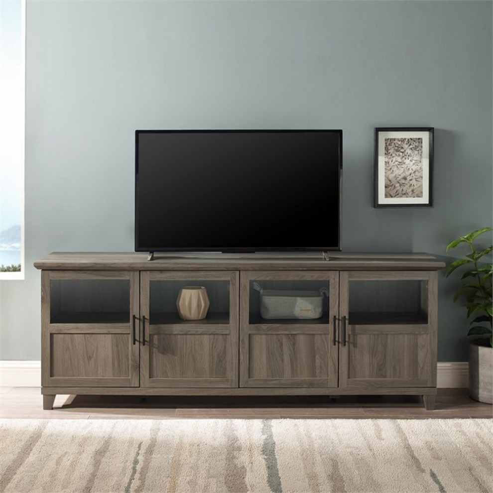 Pemberly Row 70 quotTV Console with Glass and Wood 4 Panel Doors in Dark Walnut   Transitional   Entertainment Centers And Tv Stands   by Homesquare  Houzz