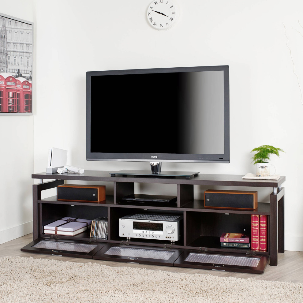 Contemporary TV Console  Drop Down Glass Paneled Doors  Open Shelves  Espresso   Transitional   Entertainment Centers And Tv Stands   by Declusia  Houzz