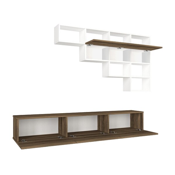 71 Inch Wall Mount TV Console Entertainment Cabinet， 3 Doors， 1 Floating Shelf， Light Walnut， White