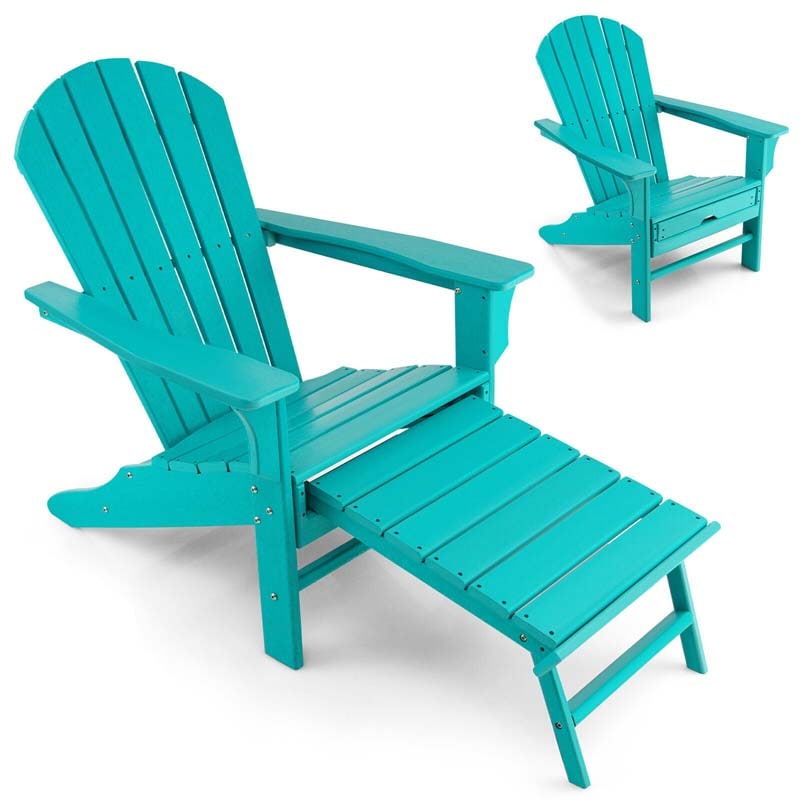 HDPE Adirondack Chair with Retractable Ottoman, Outdoor Chaise Lounge Chair for Lawn Pool Deck