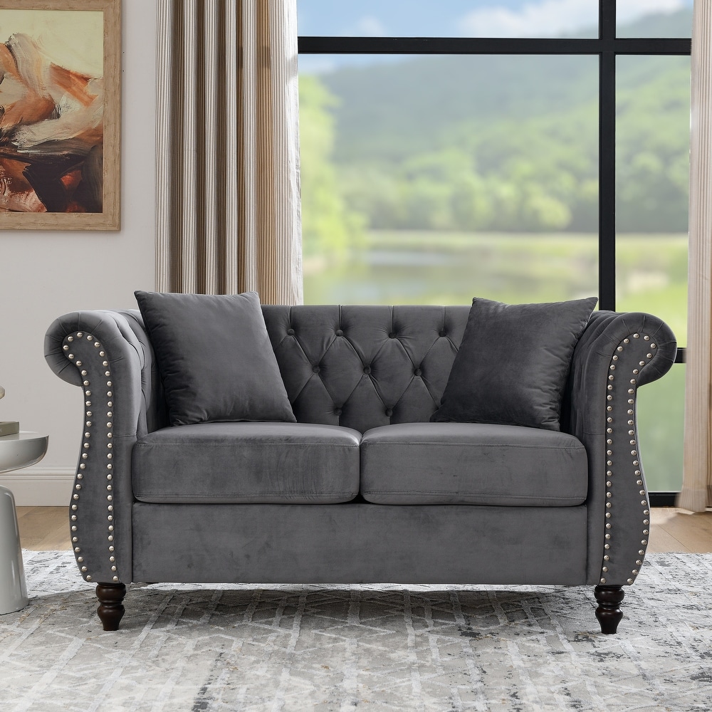 Velvet Chesterfield Sofa Set with Nailhead Trim and Tufted Low Back (Includes Pillows  3 Seater + Loveseat)