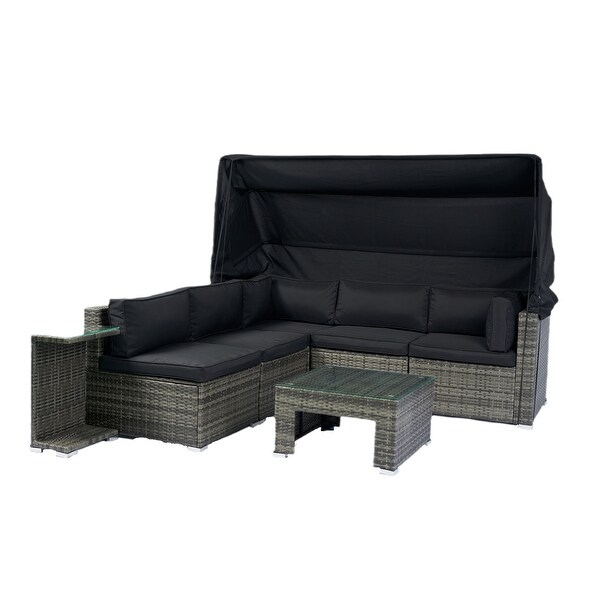 7Piece Patio Furniture Set，Retractable Canopy Rattan Sofa Set