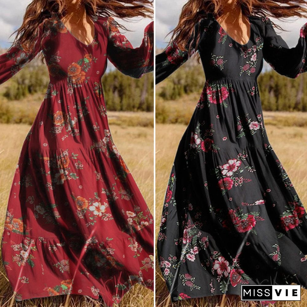 Zanze Women Crew Neck Long Sleeve Floral Print Muslim Dress Maxi Dress Plus Size Baggy Oversize Swing Party Dresses