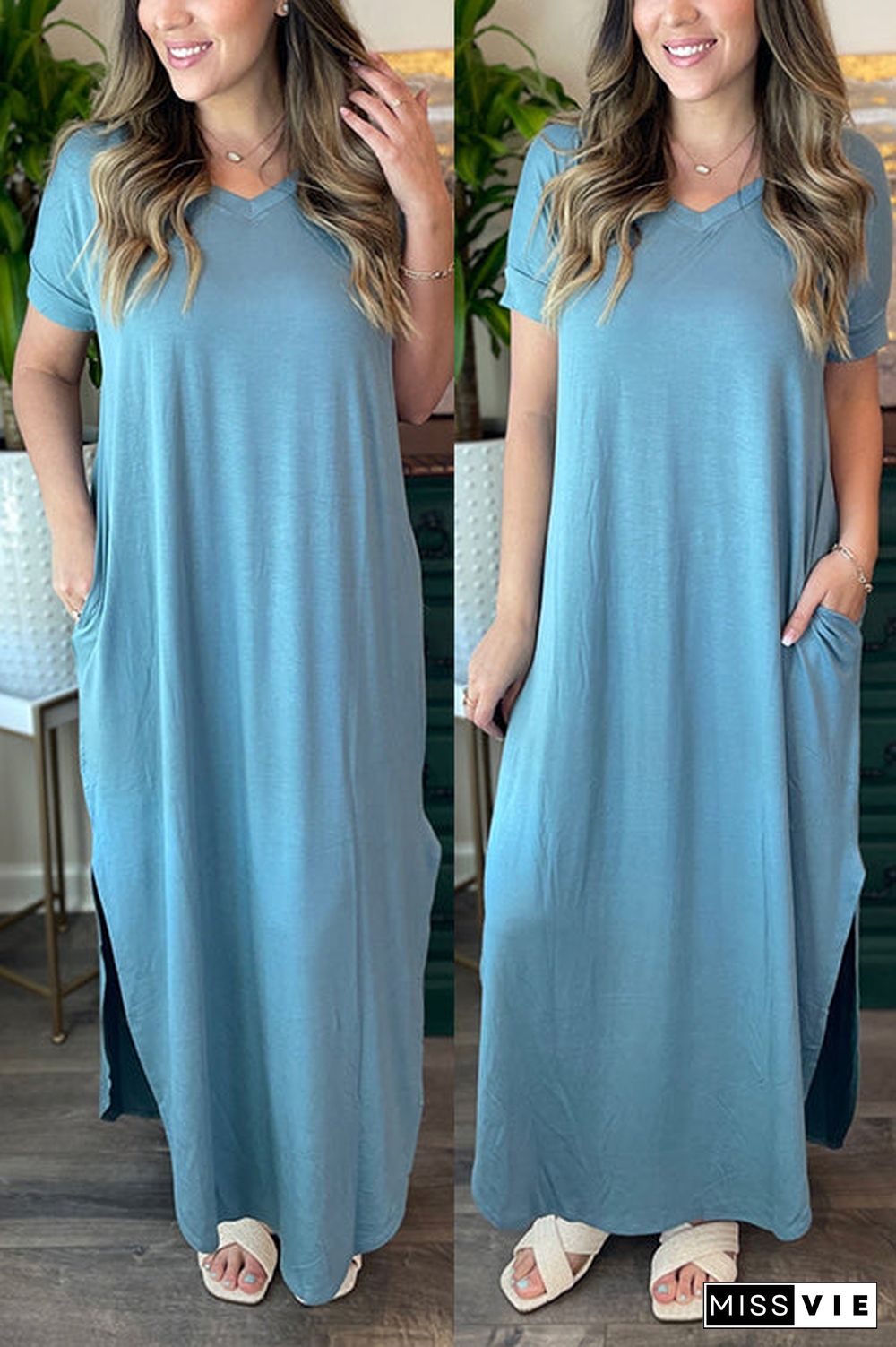 V Neck Side Slit Maxi Dress