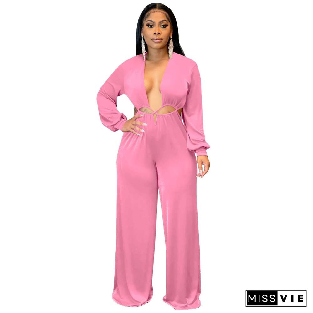 Low Cut Deep V Hollow Out Wide Leg Jumpsuit