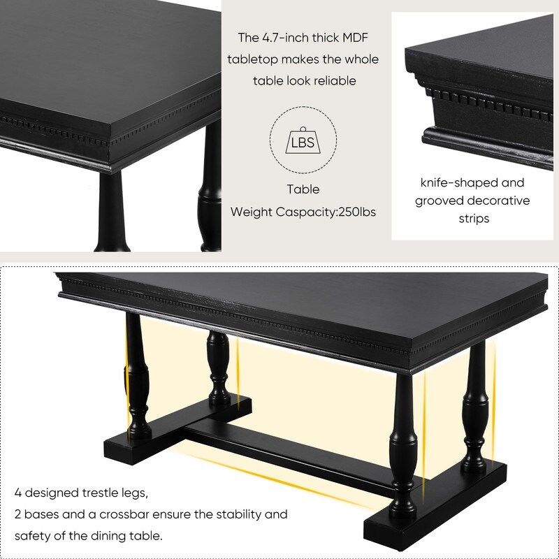 American Retro 7 Piece Dining Table with 4 Trestle Base and 6 upholstered Chairs