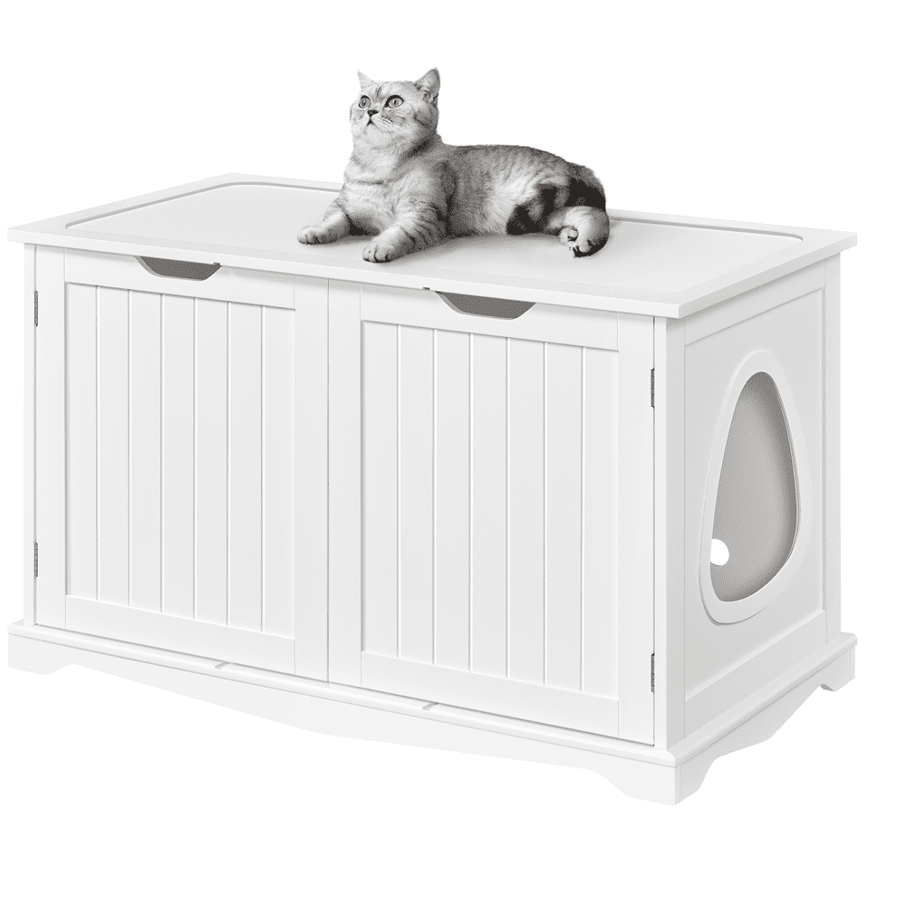 Topeakmart Wooden Hidden Cat Litter Box Side Table Washroom Storage Bench with Divider， White