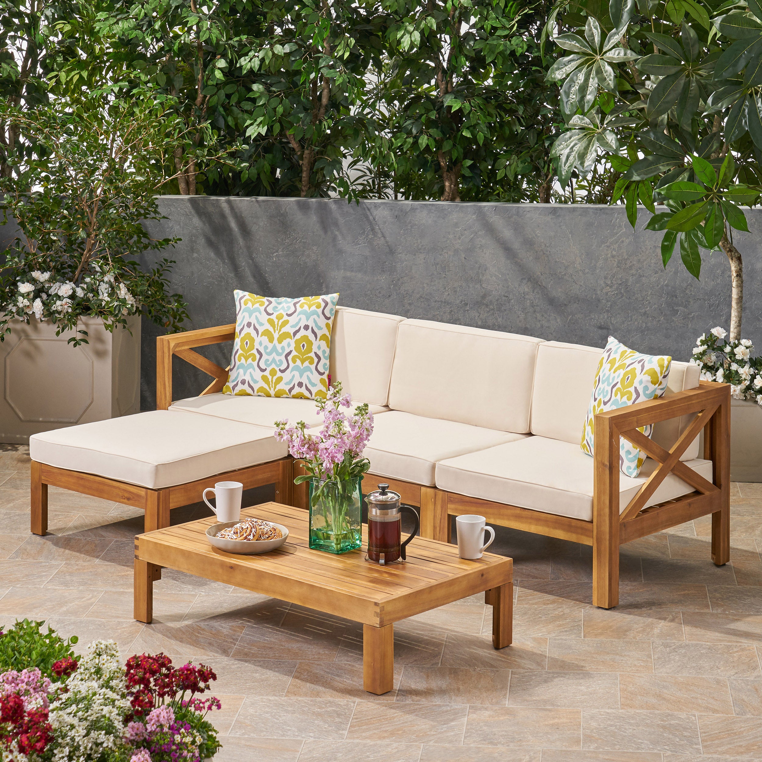 Mamie Outdoor Acacia Wood 5 Piece Sofa Set