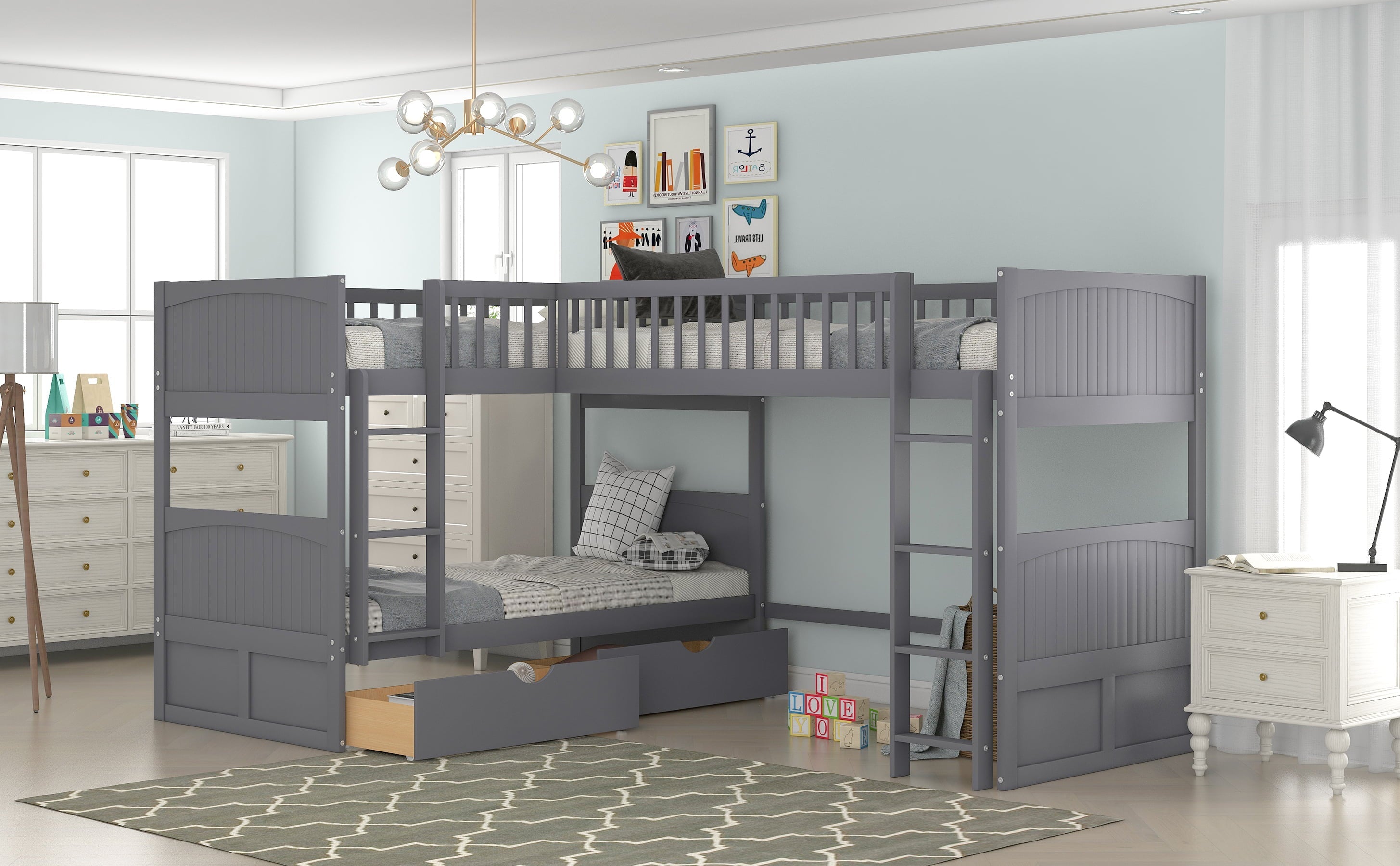 Euroco Wood Bunk Bed Storage, Twin-Over-Twin-Over-Twin for Children's Room, Gray