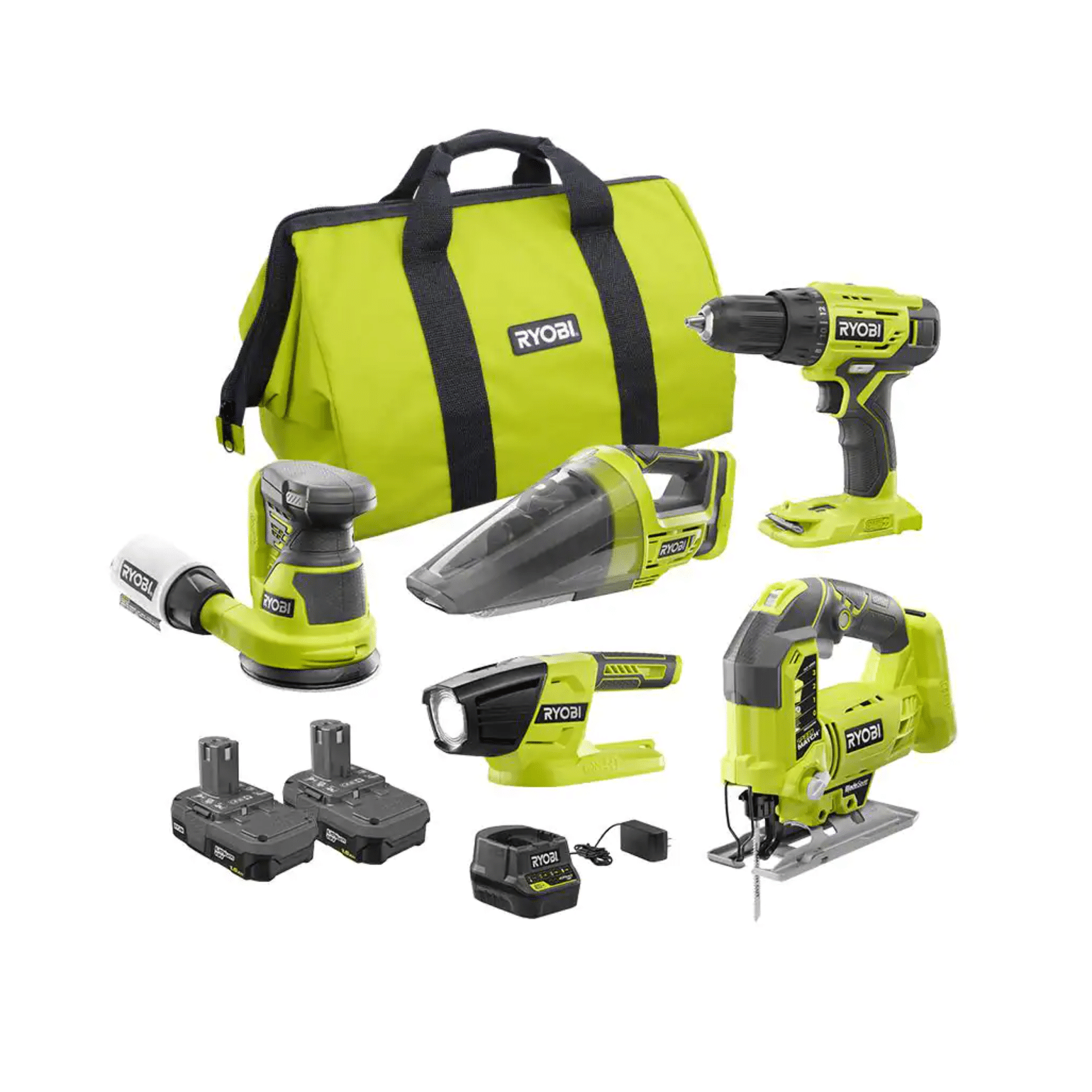 Ryobi One+ 18V Cordless 5-Tool Combo Kit with (2) 1.5 Ah Batteries， 18V Charger and Bag (PCK311KN)