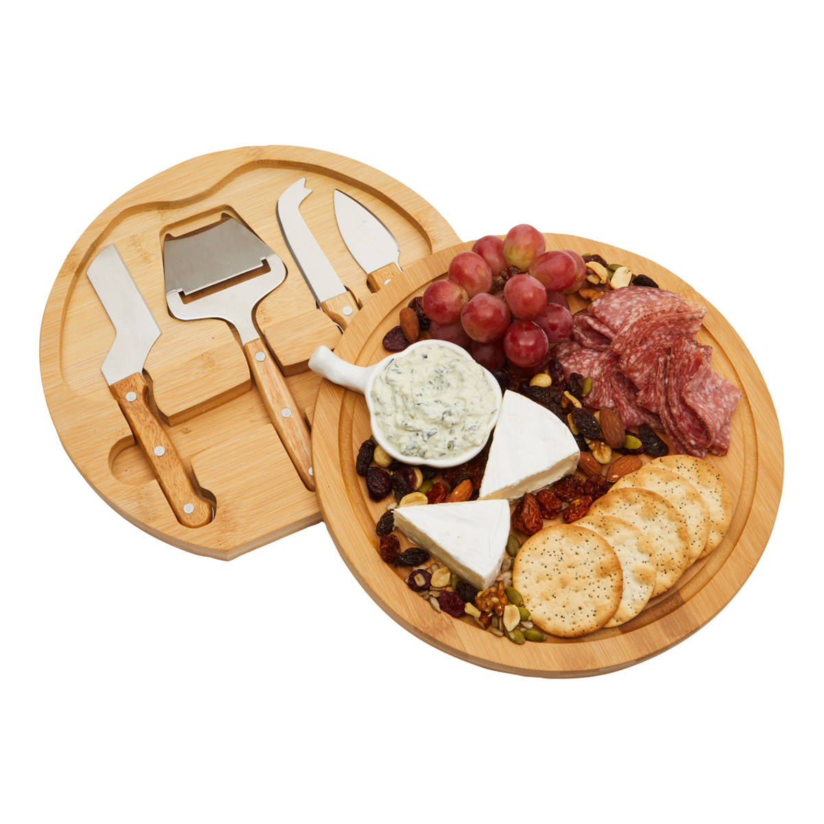 4 piece set - Cheese Cutting Board and Knife Tools for Charcuterie Meat， Swivel Bamboo Tray， 10.2 x 1.5 inches