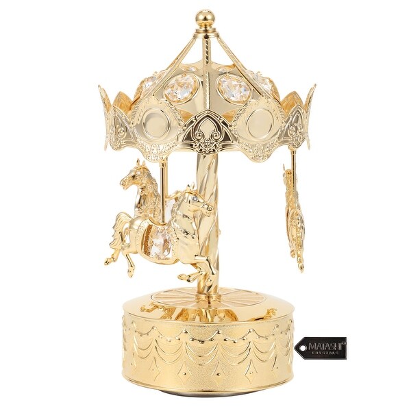 24K Gold Plated Music Box w/Crystal Studded Carousel Horse Figurine