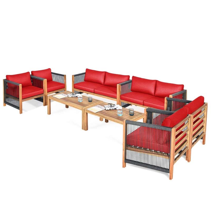 4 Pcs Acacia Wood Outdoor Loveseat Sofa Set with 2 Single Chairs & Coffee Table, Cushions