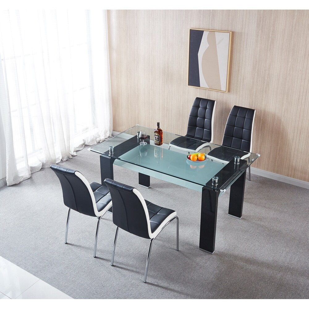 Rectangular Double Layer Tempered Glass Dining Table with 4 Lattice Design Chair