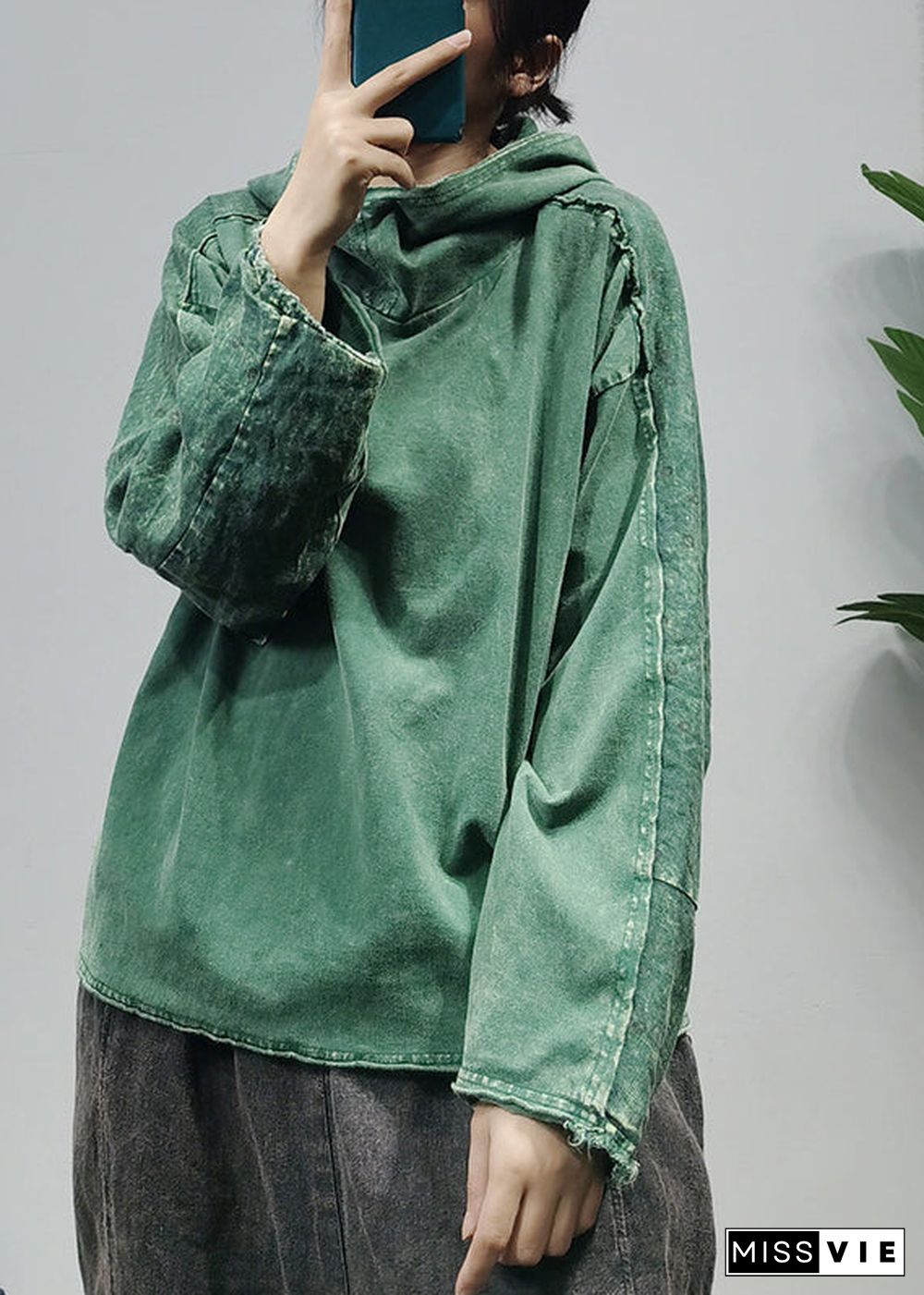 Simple Green Hooded Print Linen Sweatshirts Tracksuits Long Sleeve