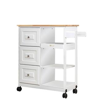 White Kitchen Islands with Storage Lockable Utility Kitchen Carts On Wheels with Countertop Drawer Open Shelves 1009-KITCH-WHIT