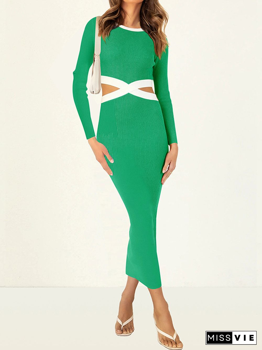 High Waisted Long Sleeves Hollow Round-Neck Midi Dresses