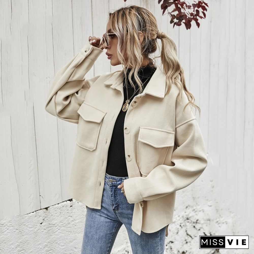 Winter Lapel Women Jacket Single-breasted Thickened Solid Color Shirt Woolen Loose Coat Women Coat