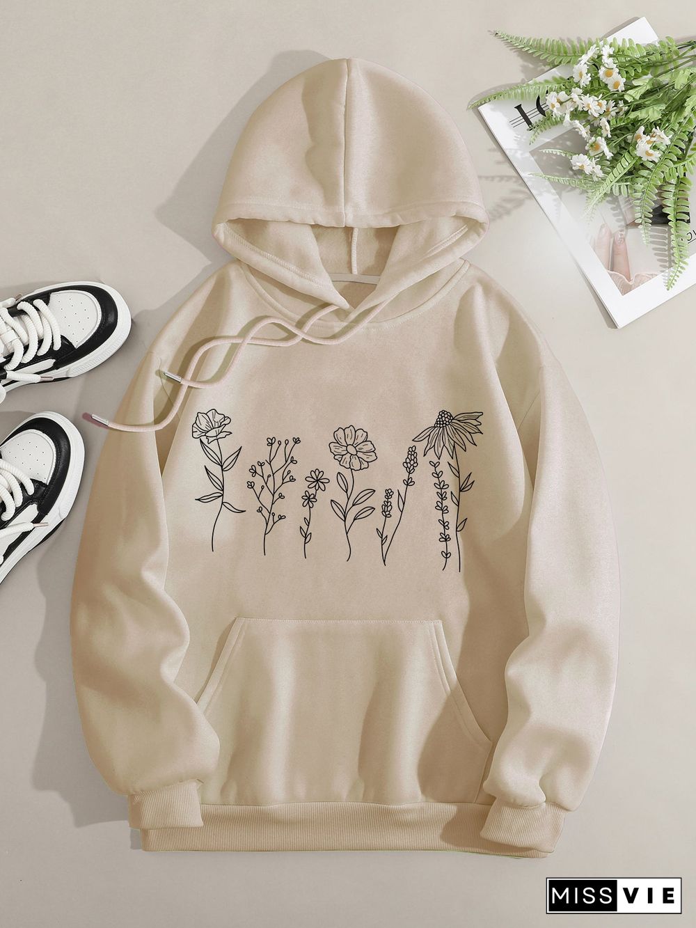 Printed on front Kangaroo Pocket Hoodie Long Sleeve for Women Pattern Flower