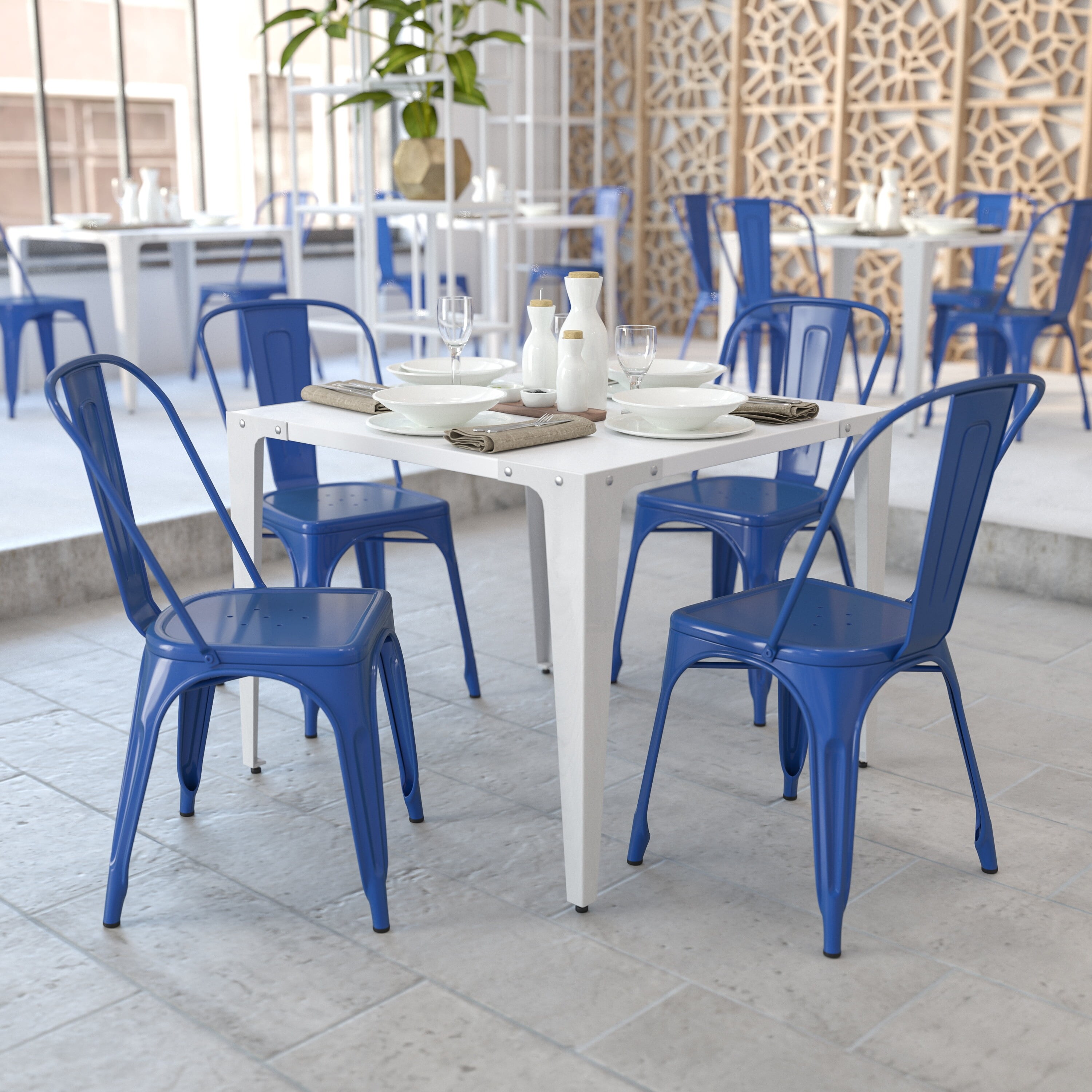 Commercial Grade 4 Pack Blue Metal Indoor-Outdoor Stackable Chair