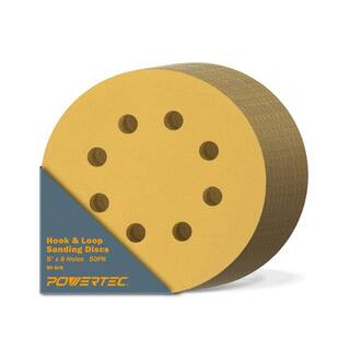 POWERTEC 5 in. 8-Hole 80-Grit Hook and Loop Sanding Discs in Gold (50-Pack) 44008G-50