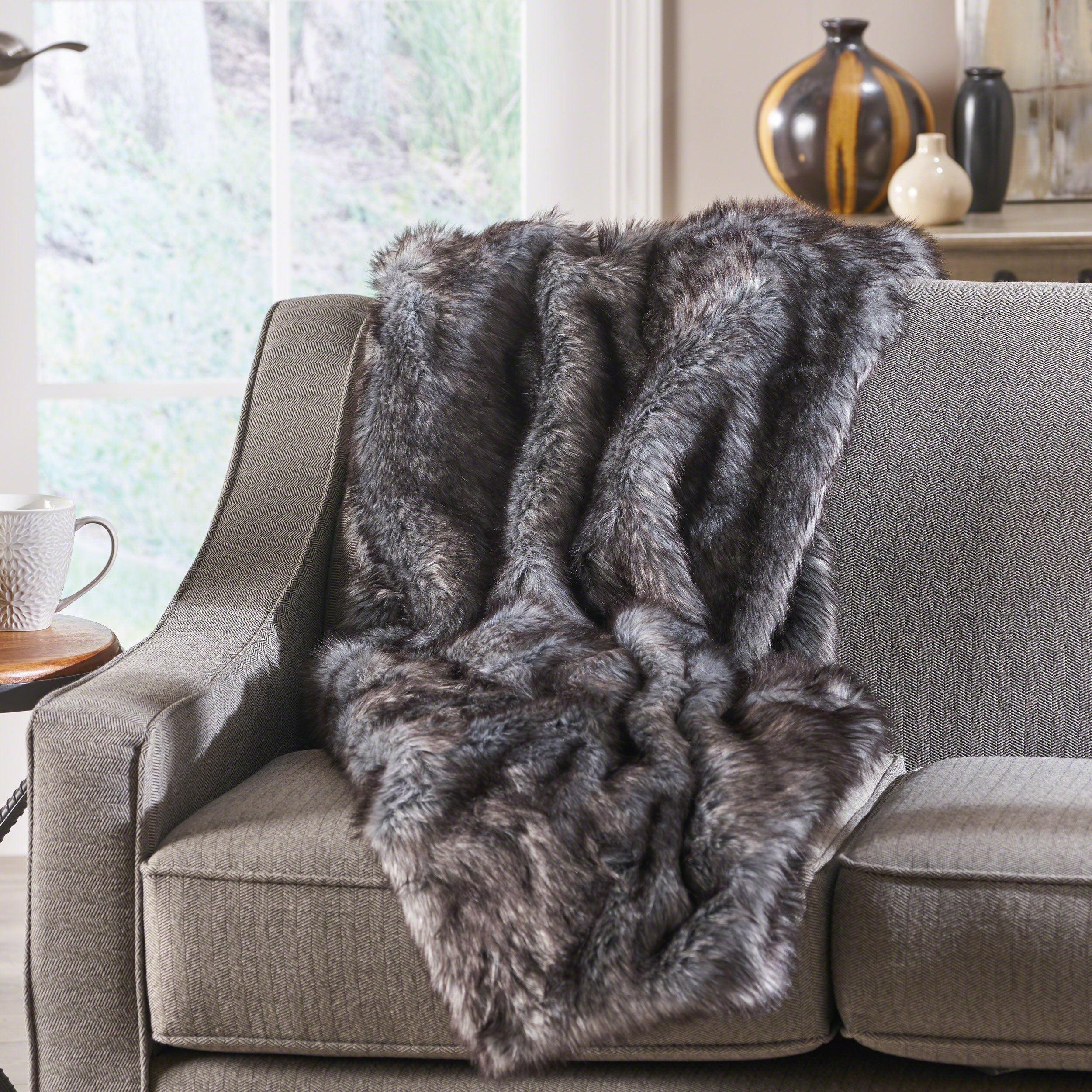 Laraine Modern Glam Rectangular Taupe Faux Fur Throw Blanket