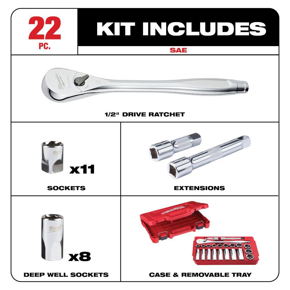 MW 12 in. Drive SAE Ratchet and Socket Mechanics Tool Set (22-Piece) 48-22-9410