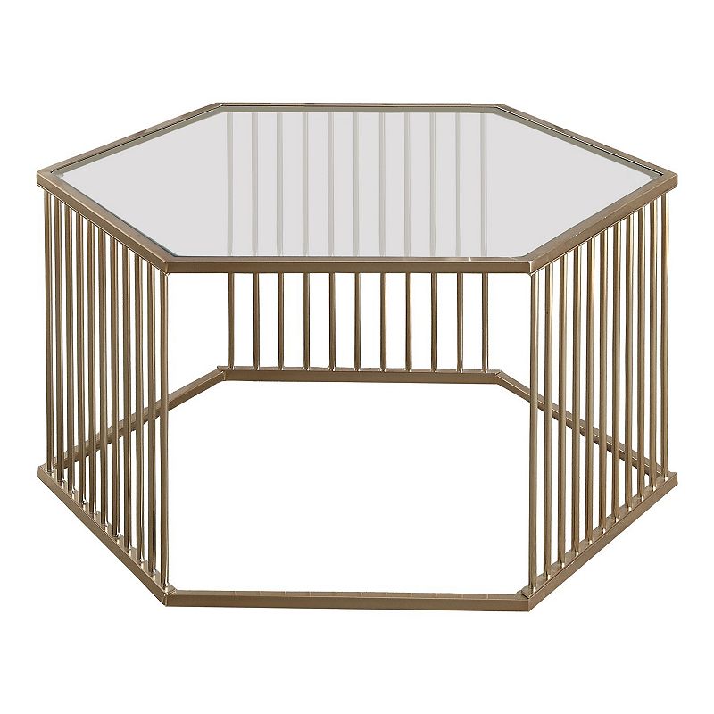 Mirrored Top Hexagon Coffee Table With Vertical Line Metal Base， Champagne and Clear