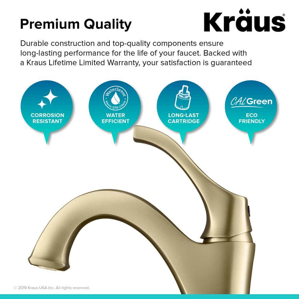 KRAUS Arlo Brushed Gold Basin Bathroom Faucet with Lift Rod Drain and Deck Plate