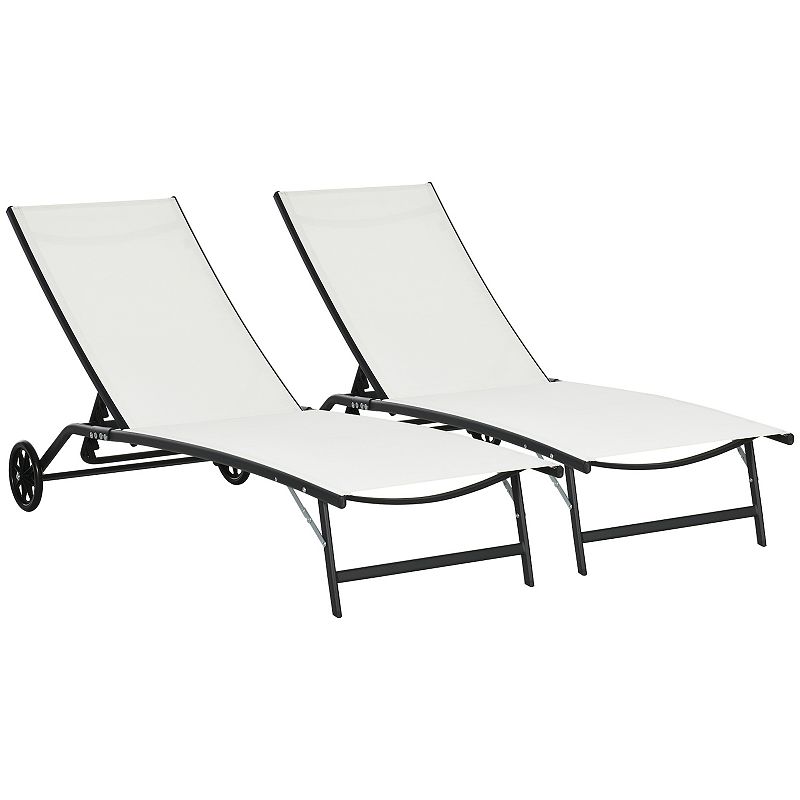 Outsunny Patio Chaise Lounge Chair Set of 2， 2 Piece Outdoor Recliner with Wheels， 5 Level Adjustable Backrest for Garden， Deck and Poolside， Cream White