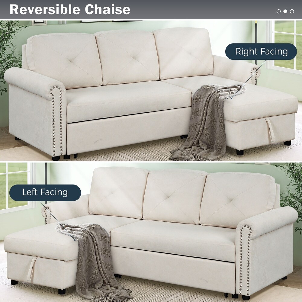 Beige Convertible Sleeper Sofa Bed with Storage Chaise Sleeper Bench