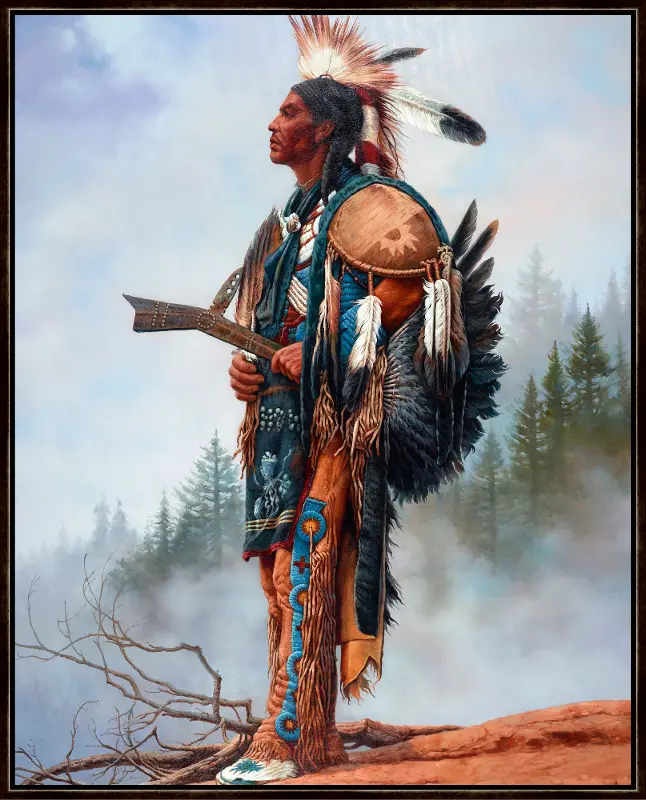 Multi Color Standing Native American Framed Canvas Wall Art