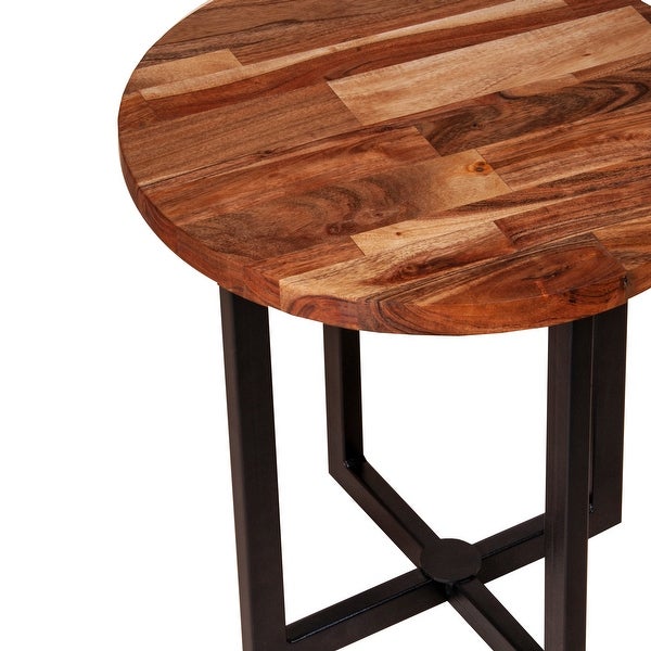 18 Inch Round End Side Table， Solid Acacia Wood Tabletop with X Shape Base