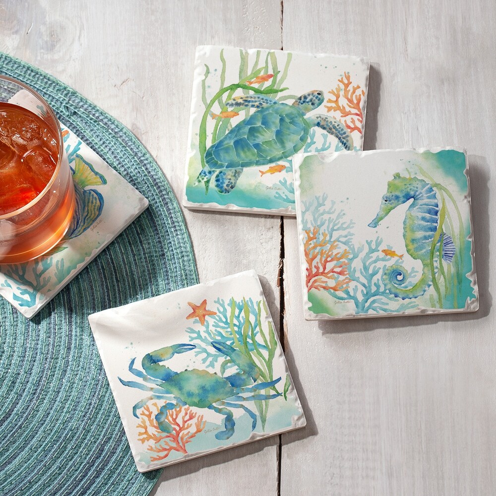 Counterart Absorbent Stone Coaster  Sea Life Serenade  Set of 4   4.01x4.20