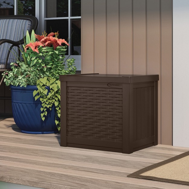 Suncast 22 Gallon Indoor Or Outdoor Backyard Patio Small Storage Deck Box With Attractive Bench Seat And Reinforced Lid Java 2 Pack