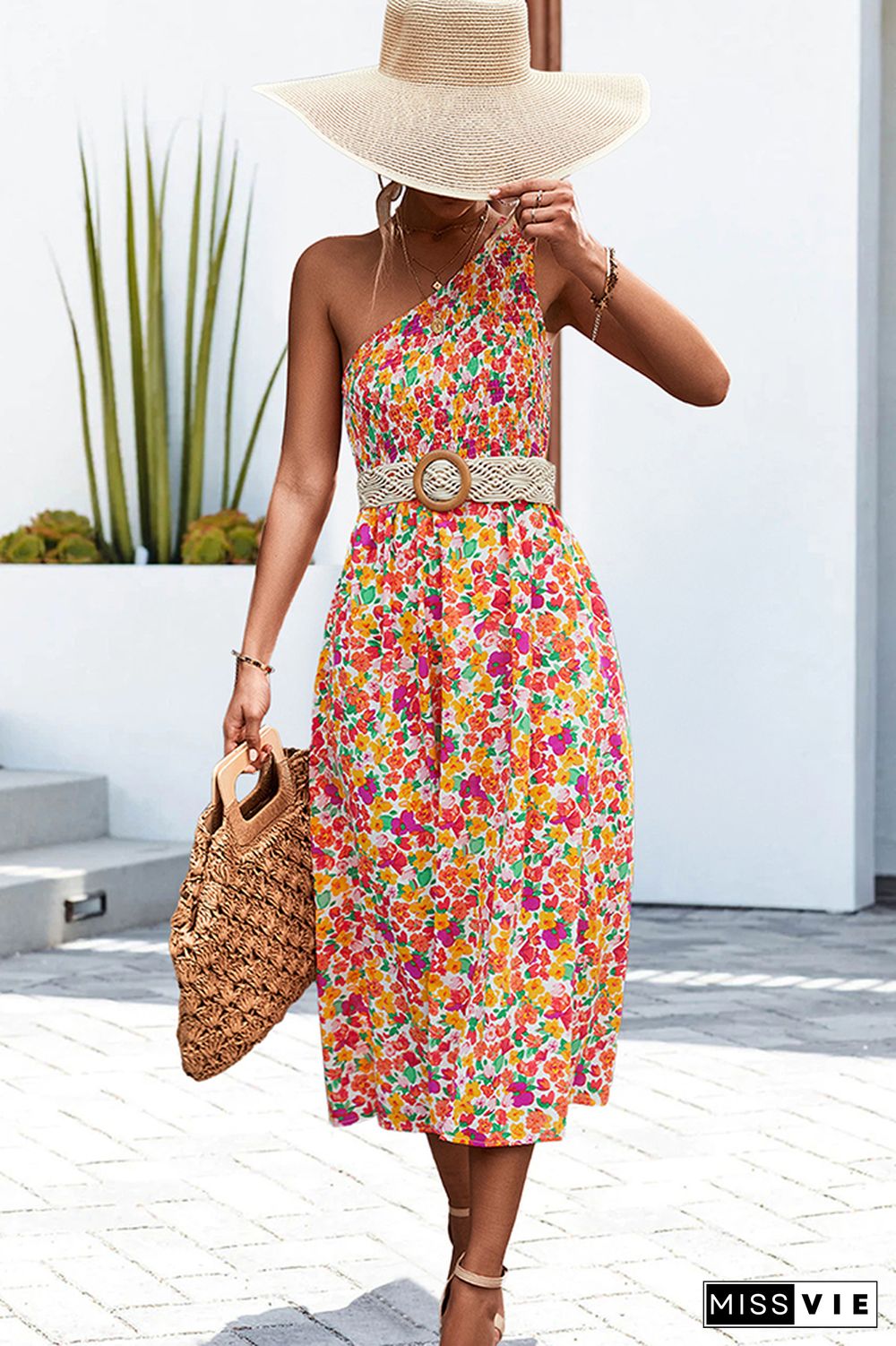 One SHoulder Flower Print Long Dress