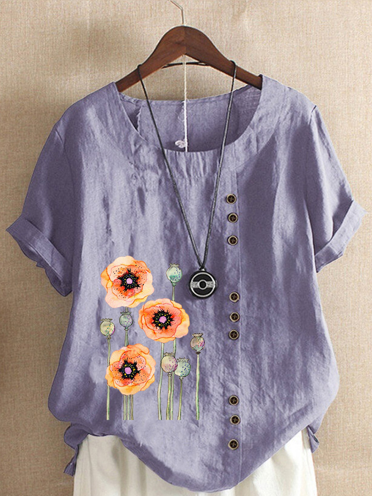 Round Neck Casual Loose Floral Print Short Sleeve Blouse