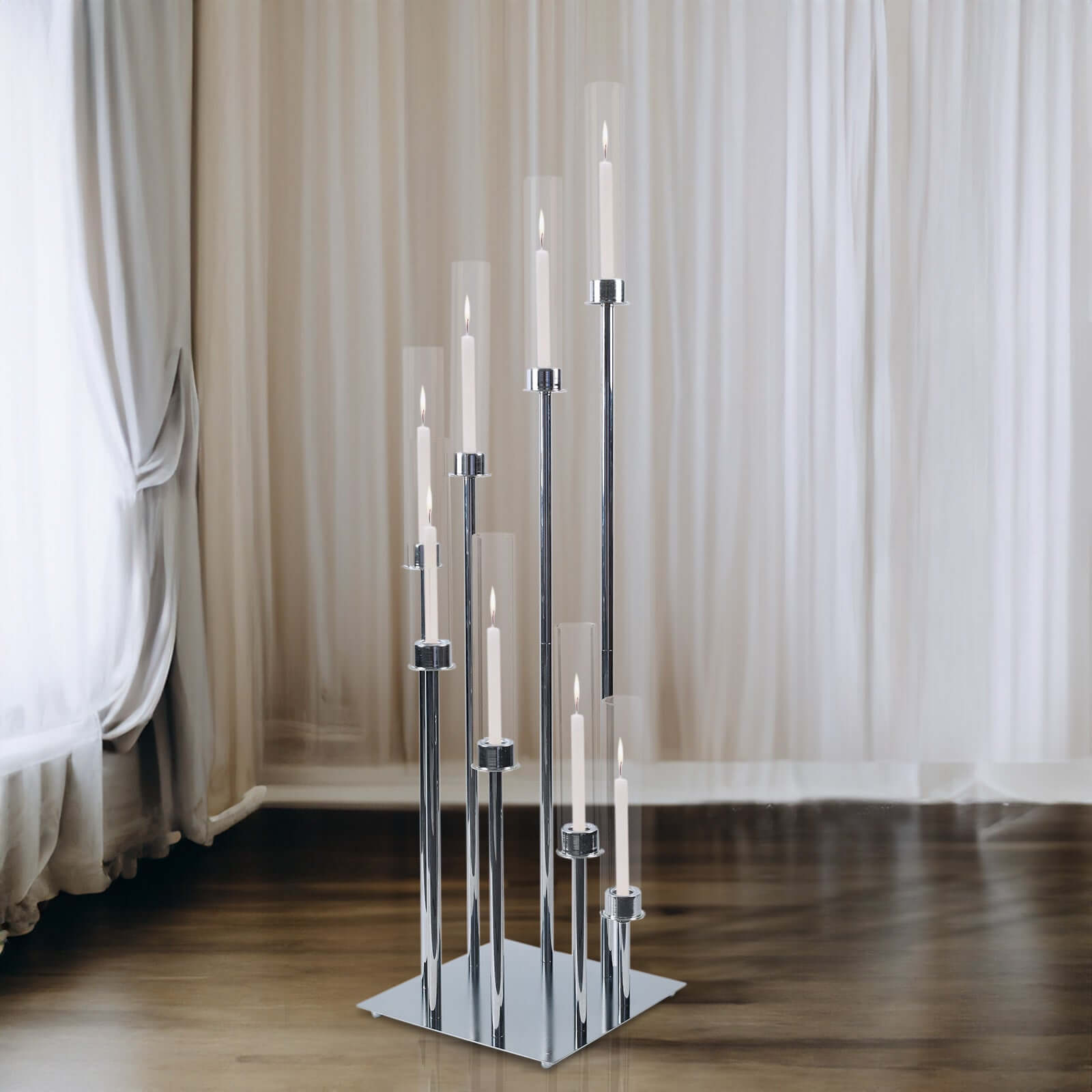 Silver 8 Arm Cluster Taper Candle Holder With Clear Glass Shades, Large Candle Arrangement 42