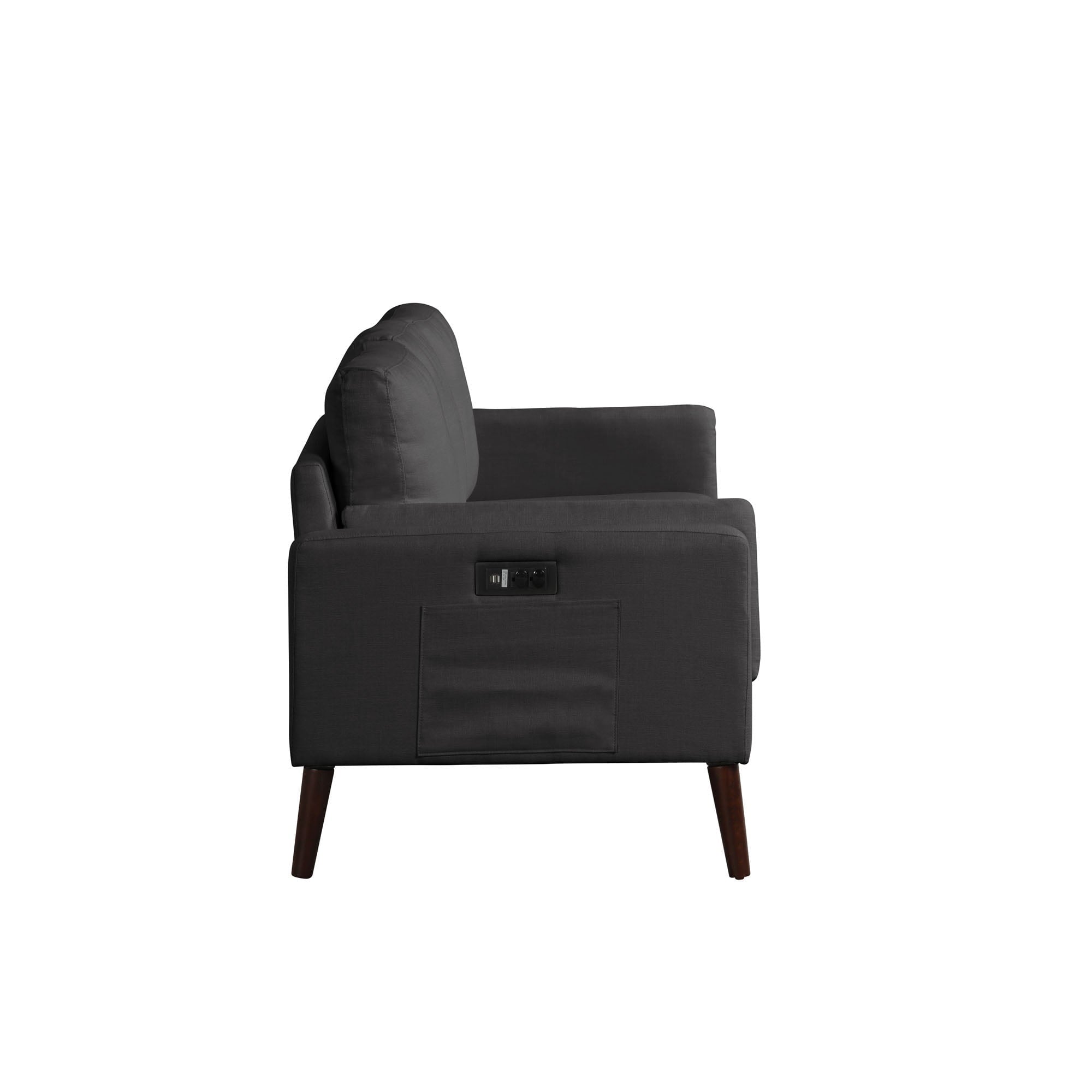 Elm & Oak Nathaniel Sofa with Side Pocket and USB Power, Black Upholstery