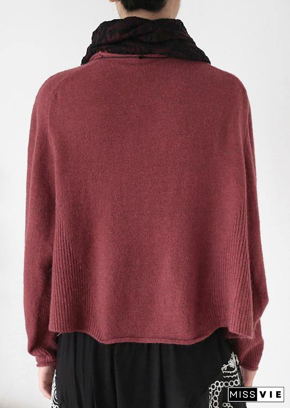 Pullover high neck red knit sweat tops trendy plus size Batwing Sleeve clothes