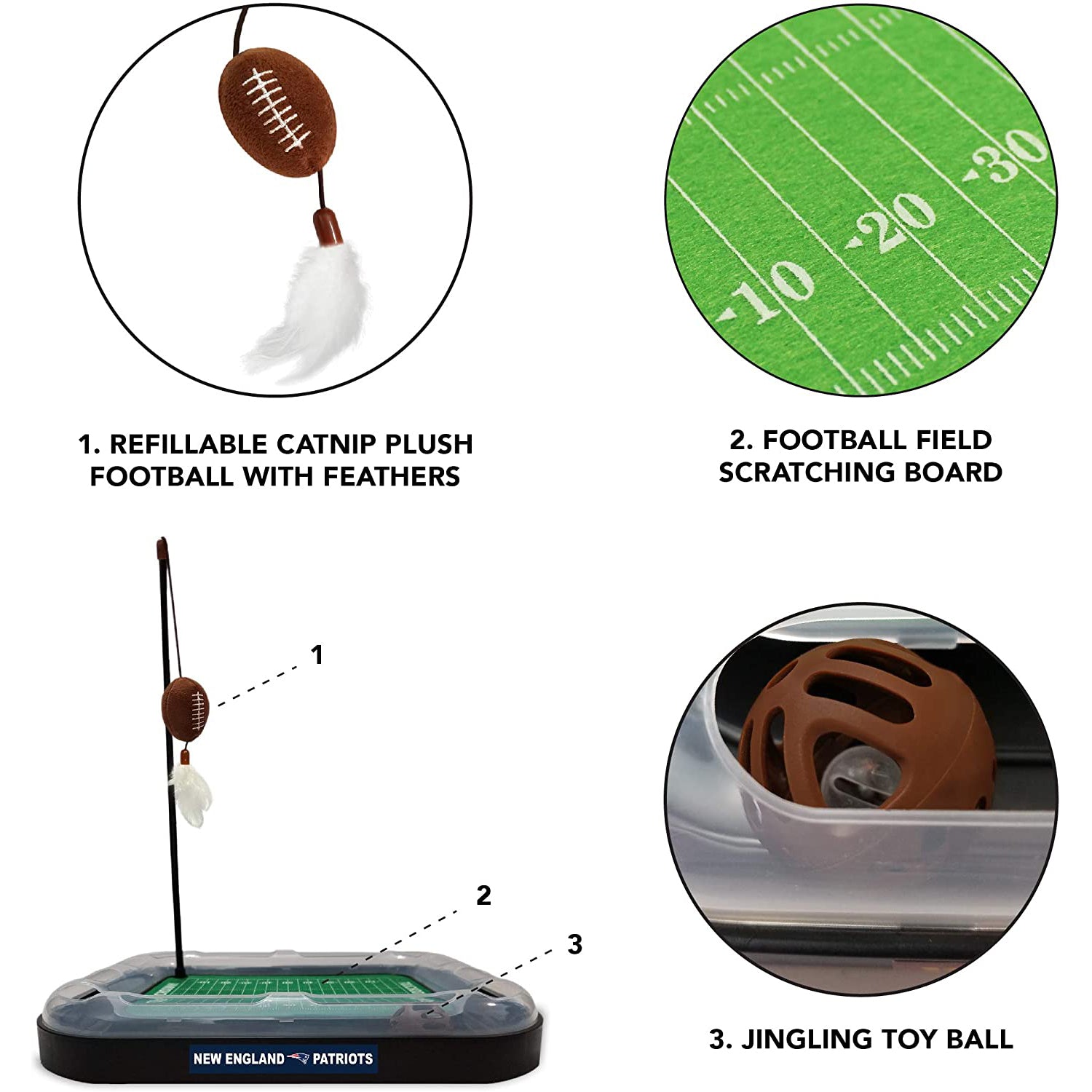 NFL New England Patriots Cat Scratcher Toy with Catnip Plush and Feather Cat and Kitty Toy